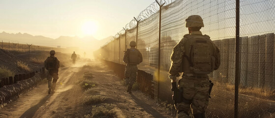 Fototapeta premium Soldiers walk along a dusty path bordered by a wire fence, silhouetted by the setting sun and casting long shadows, representing endurance and duty.