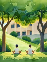 A peaceful watercolor of students meditating on the campus lawn, taking a break from their intense curriculum