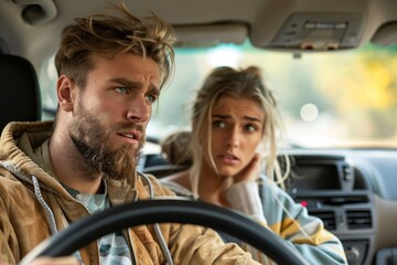 Concerned Couple in a Car Experiencing a Stressful Moment