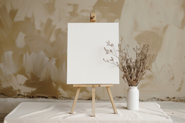 A blank canvas on a wooden easel with a decorative vase, set against a neutral background, ready for painting.