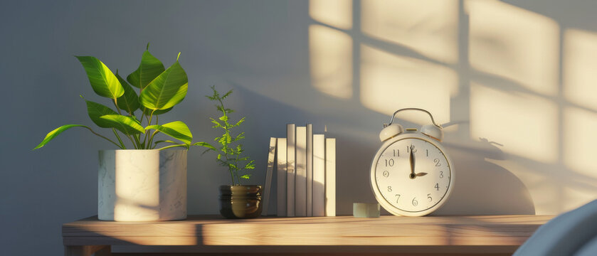 A serene indoor setting with morning light streaming through the window, illuminating an alarm clock, small plants, and neatly stacked books on a wooden table.