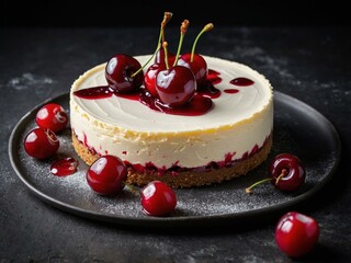 A cherry-topped cheesecake with a graham cracker crust, beautifully presented on a dark plate.