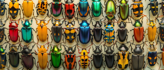 Fototapeta premium An impressive collection of colorful beetles meticulously displayed in a symmetrical grid, showcasing nature's diversity and beauty.