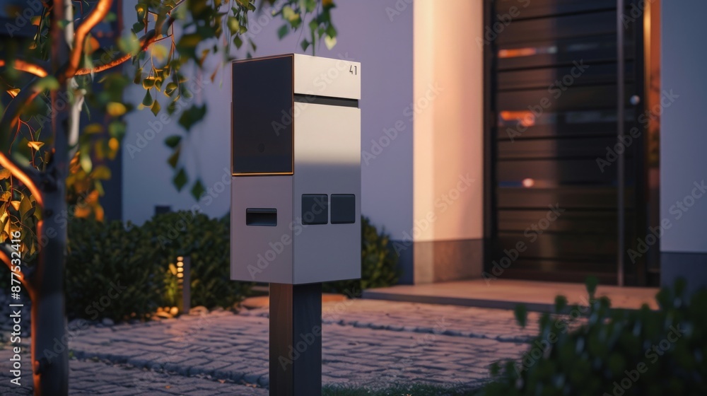 Poster a modern mailbox with a sleek design stands outside a home in the evening light.