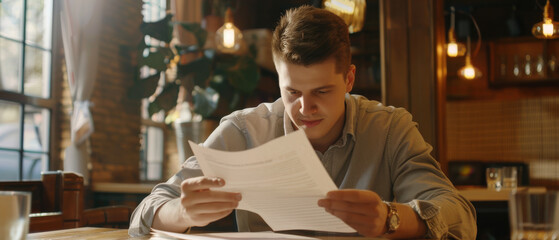 A handsome young man deeply engrossed in reading a document, seated in a cozy café adorned with warm lighting and rustic interiors.