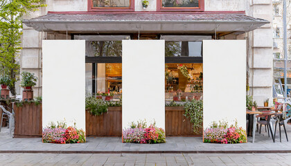 Impressive Three Large Banner Mockups Displayed in Front of a Trendy Coffee Shop