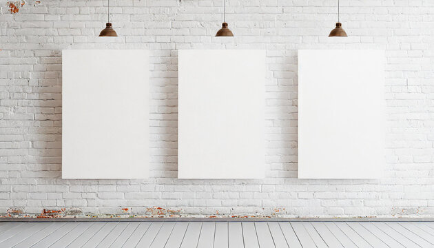 Three blank paper poster mockup on a white brick wall.