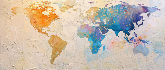 A colorful, textured world map blends blue, purple, orange, and yellow tones, representing a creative global perspective.