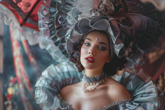 A Victorian burlesque performer in elaborate costumes, featuring corsets and feathered accessories


