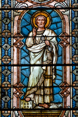 stained glass of Saint Peter the Apostle with the keys. Vitrail de Saint Pierre apôtre avec les clés de l'Église..