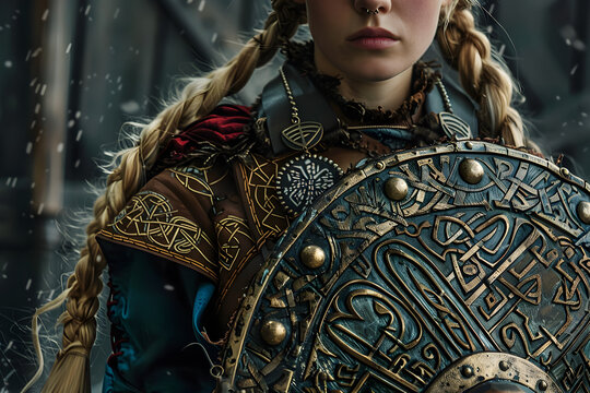 A Viking shieldmaiden in meticulously crafted armor, intricately adorned with Norse symbols.


