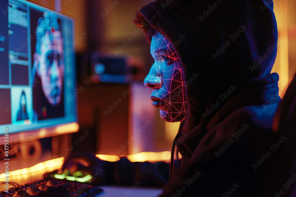 Poster a person sitting at computer, with their face being digitally scanned and reconstructed on the scree