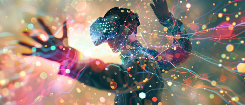 Engulfed in a world of vivid patterns, colors, and lights, a person experiences a virtual reality adventure with a VR headset, arms outstretched in wonder.