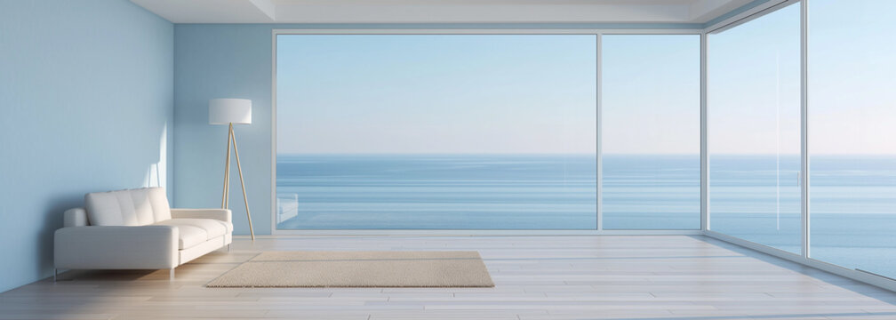 Fototapeta 3D rendering, large floor-to-ceiling windows with a sea view in the background, light blue walls and a white ceiling, a sofa on one side of the wall, a carpet on the wood floor