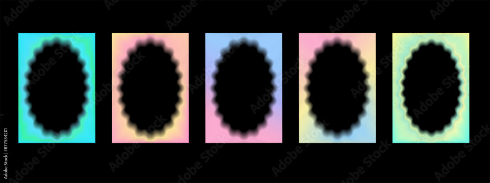 Aufkleber set of rectangular gradient frames with wavy oval inner borders with blur. retro frames with zigzag 
