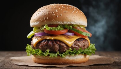 A steaming hot cheeseburger with toppings and sesame seed bun