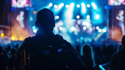 A person stands in a crowd, silhouetted against a brightly lit stage