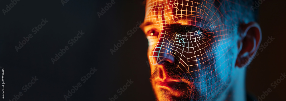 Poster portrait of man with wireframe overlay for deepfake technology. facial tracking, detection and recog
