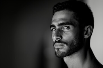 Obraz premium black and white portrait of a young pensive man from Syria with space for concept