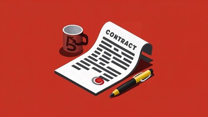 A 3d illustration of a contract with a pen next to it, red background