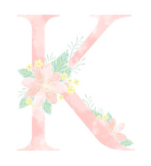 Floral watercolor painting decorative initial alphabet monogram design with flowers, and leaves in elegant capital word letter k