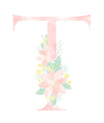 Floral watercolor painting decorative initial alphabet monogram design with flowers, and leaves in elegant capital word letter t