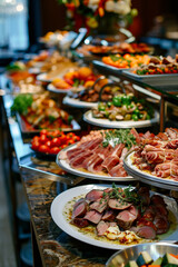 Obraz premium Different dishes in heated containers. Catering food during some fancy event, party or wedding reception.