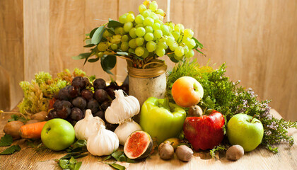 different fresh fruits and vegetables organic on table top, Colorful various fresh vegetables for eating healthy and dieting