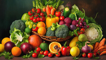 different fresh fruits and vegetables organic on table top, Colorful various fresh vegetables for eating healthy and dieting