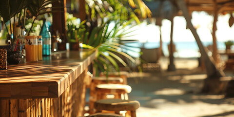 Cozy details of exotic beach bar framed by palm leaves. Spending holidays in tropical destinations.