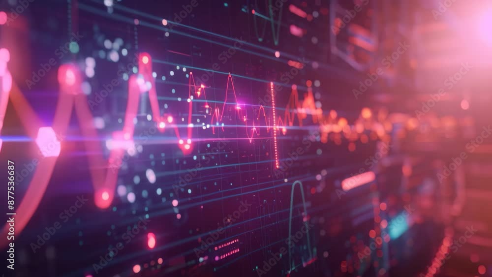 Poster a computer screen with financial data displayed in a blurry, abstract manner, geometric patterns res