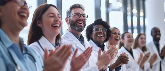 A diverse group of doctors and medical professionals applaud together in a bright, modern hospital setting, celebrating a success.