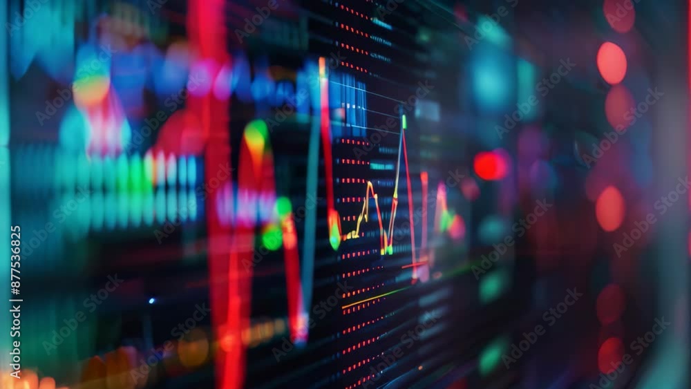 Poster Abstract view of financial data displayed on a blurry computer screen, Geometric patterns resembling a pulsating heartbeat on a monitor