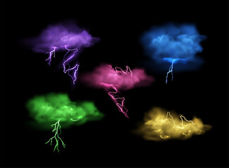 Colorful lightning storm clouds vector illustration.