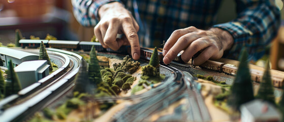 Hands meticulously arranging a model train set, capturing the essence of hobby, craftsmanship, and miniature railroads in a detailed and lifelike scene.