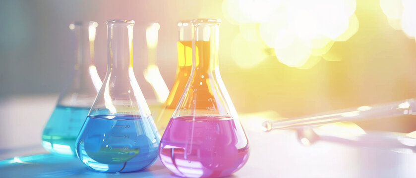 A stunning display of colorful laboratory flasks filled with liquids, illuminated by a warm, glowing light creating a lively and vibrant atmosphere.