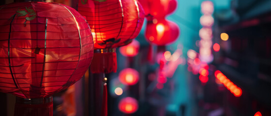 Red lanterns hanging against a backdrop of vibrant blue night sky with blurred festive lights, evoking a sense of celebration and cultural festivity.