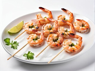 Appetizing grilled shrimp skewers seasoned with herbs on a white background. The seafood is cooked to perfection, creating an exquisite culinary presentation. Created by AI.
