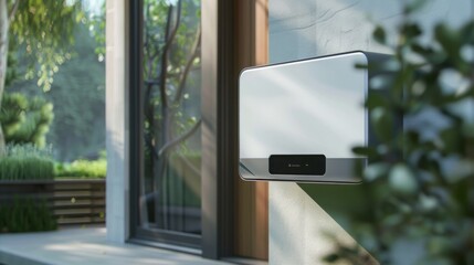 A modern home exterior with a white security system mounted on the wall, partially obscured by a leafy bush.