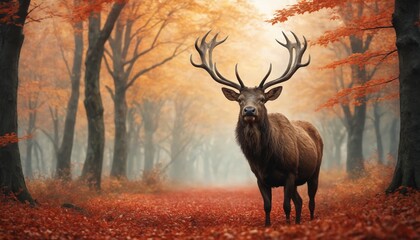 Majestic stag in a golden autumn forest