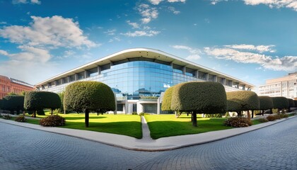 Obraz premium Modern Low-Rise Glass Office Building in Business District with Green Lawn and Park View