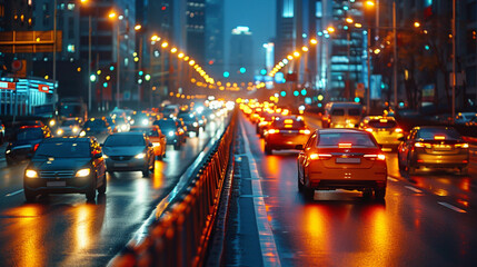 Naklejka premium Busy city traffic with glowing headlights.