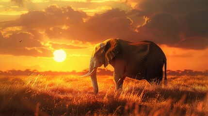 Elephants at sunset, landscape background