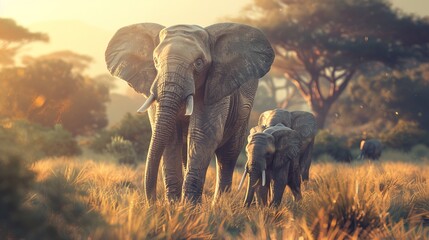 Fototapeta premium Elephants on a picturesque background