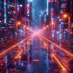 Fototapeta premium Rainy Neon Street in Futuristic City