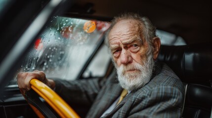 An elderly man with a serious expression drives a car in rainy weather.