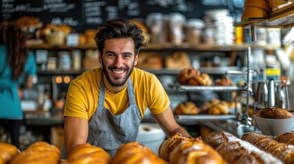 A cheerful baker wearing a yellow shirt and apron smiles warmly behind the counter of a busy bakery.