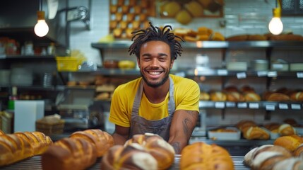 A cheerful African baker wearing a yellow shirt and apron smiles warmly behind the counter of a busy bakery.