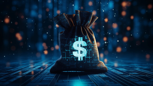 Moneybag with a dollar $ icon shown in digital binary code pattern