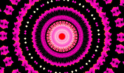 Obraz premium A vibrant and symmetrical mandala design features concentric circles in shades of pink, purple, and black. Each circle is intricately detailed with patterns that create a sense of depth and motion.